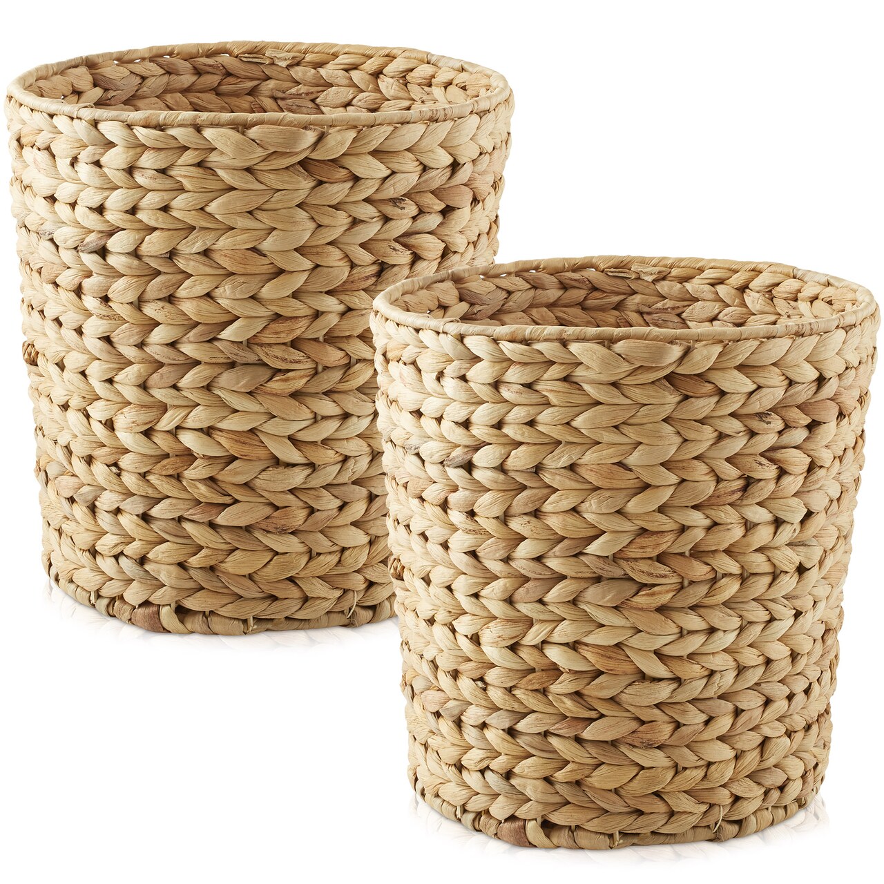Casafield Set of 2 Water Hyacinth Waste Baskets - Natural, Round Woven Trash Can Bins for Bathroom, Bedroom, Laundry Room, Home Office